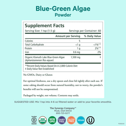PURE SYNERGY Blue-Green Algae Powder | Superfood Powder with Chlorophyll | Organic AFA Blue Green Algae Supplement | Supports Energy, Mental Clarity, and Detoxification (3.2 oz.) - dailyvitalstore