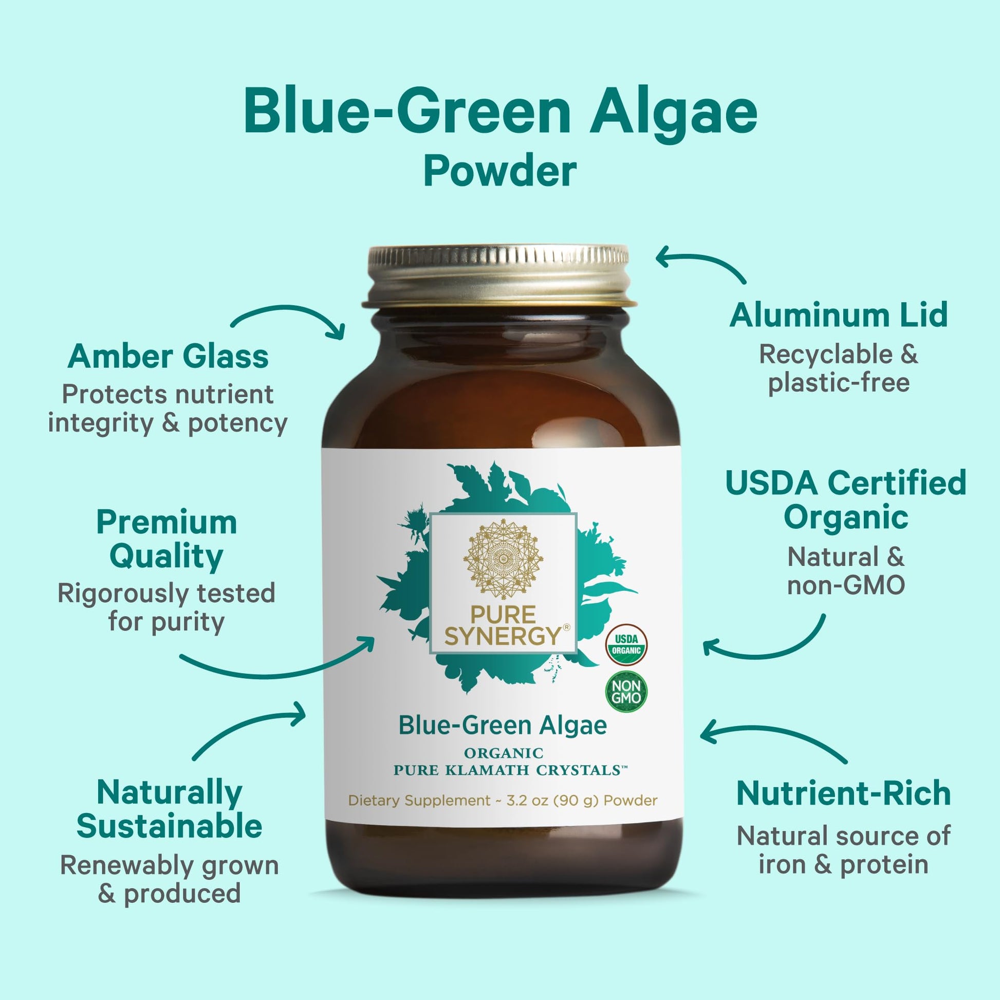 PURE SYNERGY Blue-Green Algae Powder | Superfood Powder with Chlorophyll | Organic AFA Blue Green Algae Supplement | Supports Energy, Mental Clarity, and Detoxification (3.2 oz.) - dailyvitalstore