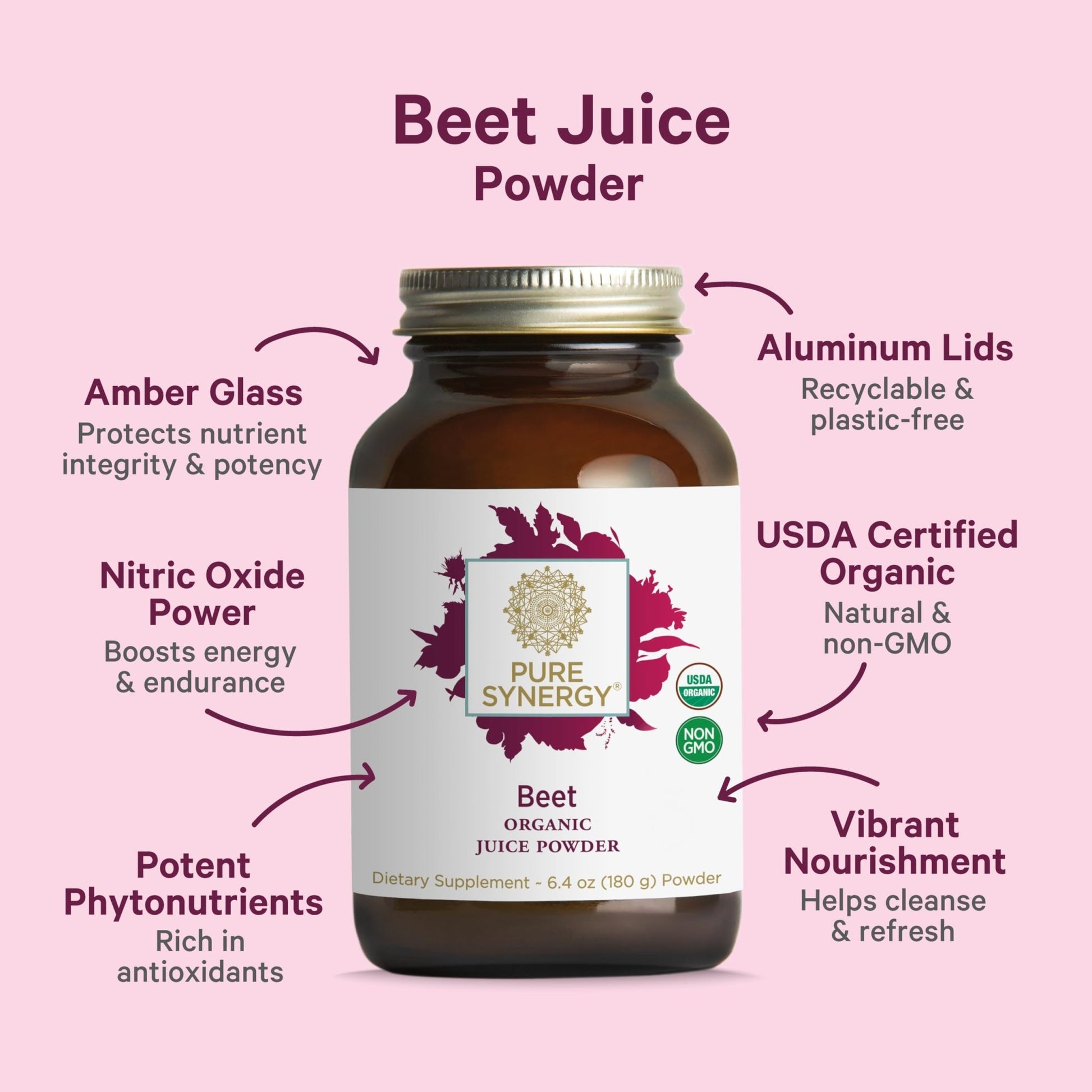 PURE SYNERGY Organic Beet Juice Powder | Pre-Workout Supplement | Organic Beet Root Juice Powder | for Healthy Circulation, Exercise, and Detoxification (6.4 oz.) - dailyvitalstore