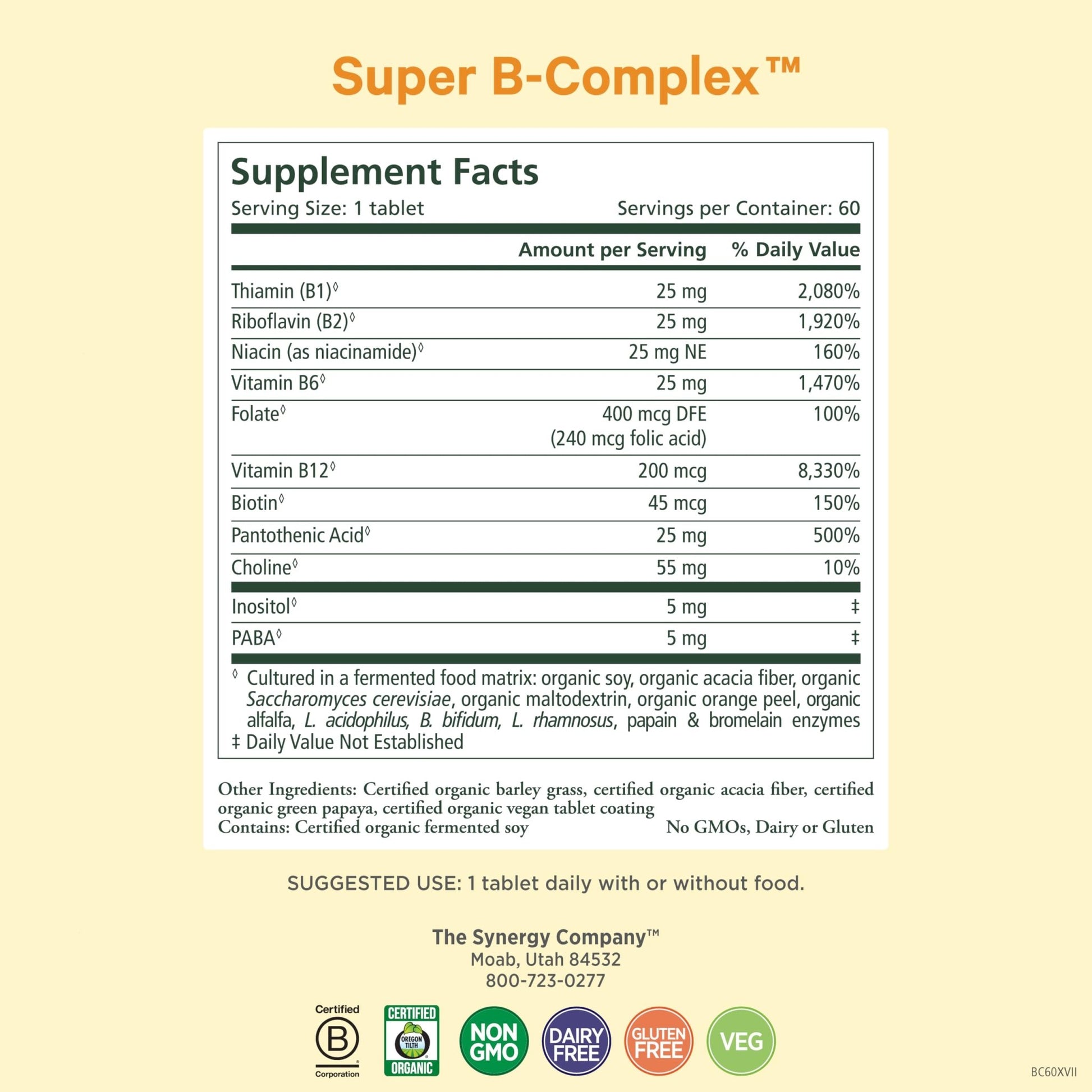 PURE SYNERGY Super B-Complex | Vitamin B Complex Made with Organic Whole Foods | Vegan Supplement with Natural Vitamin B12, Niacin, and Folate | for Energy - dailyvitalstore