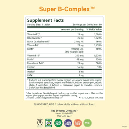 PURE SYNERGY Super B-Complex | Vitamin B Complex Made with Organic Whole Foods | Vegan Supplement with Natural Vitamin B12, Niacin, and Folate | for Energy - dailyvitalstore