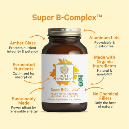 PURE SYNERGY Super B-Complex | Vitamin B Complex Made with Organic Whole Foods | Vegan Supplement with Natural Vitamin B12, Niacin, and Folate | for Energy - dailyvitalstore