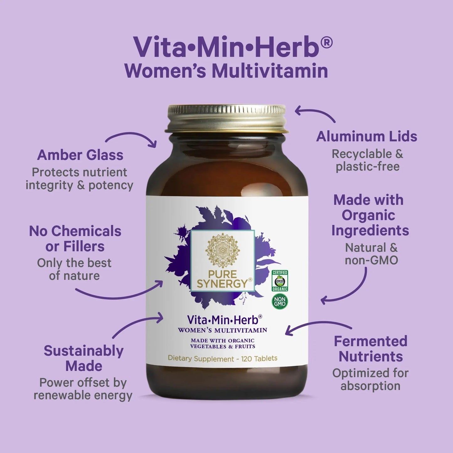 PURE SYNERGY Vita·Min·Herb for Women | Women’s Comprehensive Multivitamin Supplement | Made with Organic Whole Food Non-GMO & Vegan Ingredients | - dailyvitalstore