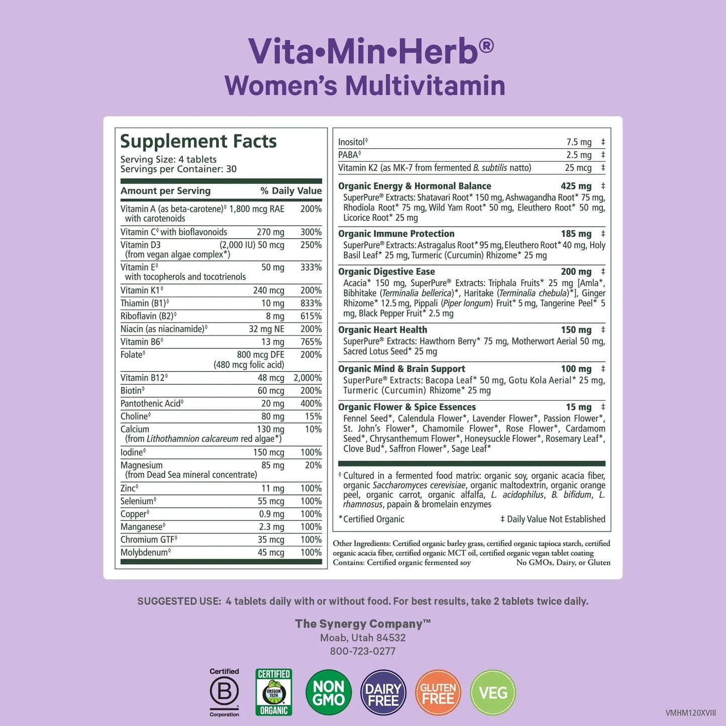 PURE SYNERGY Vita·Min·Herb for Women | Women’s Comprehensive Multivitamin Supplement | Made with Organic Whole Food Non-GMO & Vegan Ingredients | - dailyvitalstore