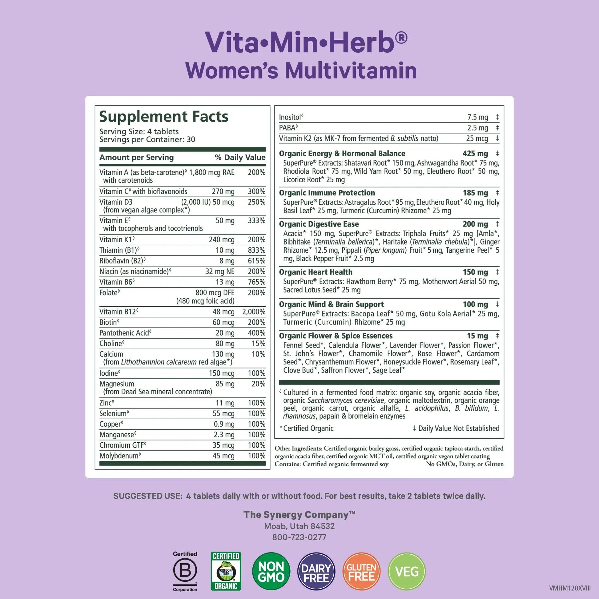 PURE SYNERGY Vita·Min·Herb for Women | Women’s Comprehensive Multivitamin Supplement | Made with Organic Whole Food Non-GMO & Vegan Ingredients | - dailyvitalstore