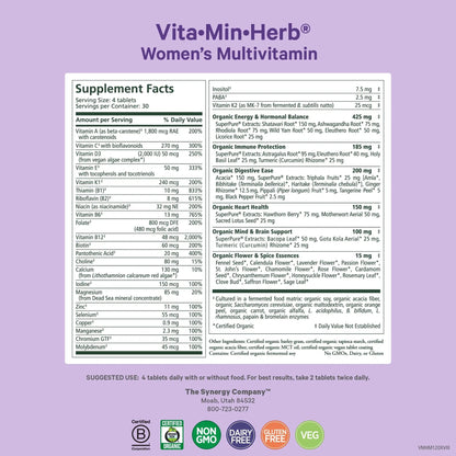 PURE SYNERGY Vita·Min·Herb for Women | Women’s Comprehensive Multivitamin Supplement | Made with Organic Whole Food Non-GMO & Vegan Ingredients | - dailyvitalstore