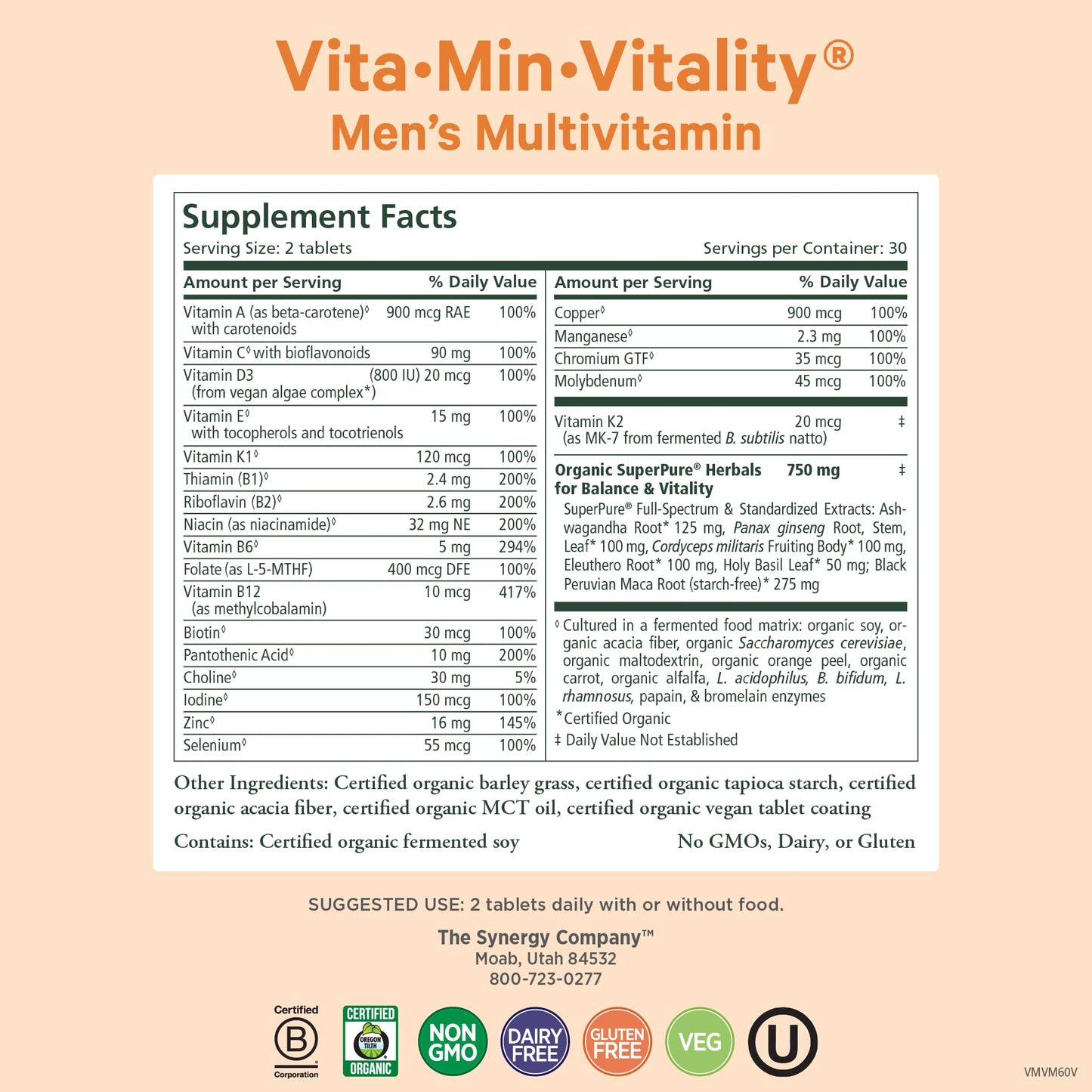 PURE SYNERGY Vita·Min·Vitality | Natural Multivitamin for Men | Men’s Daily Multivitamin Made with Organic Whole Foods | for Energy, Stress, and Immune Support (60 Tablets) - dailyvitalstore