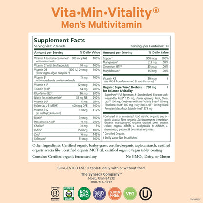 PURE SYNERGY Vita·Min·Vitality | Natural Multivitamin for Men | Men’s Daily Multivitamin Made with Organic Whole Foods | for Energy, Stress, and Immune Support (60 Tablets) - dailyvitalstore