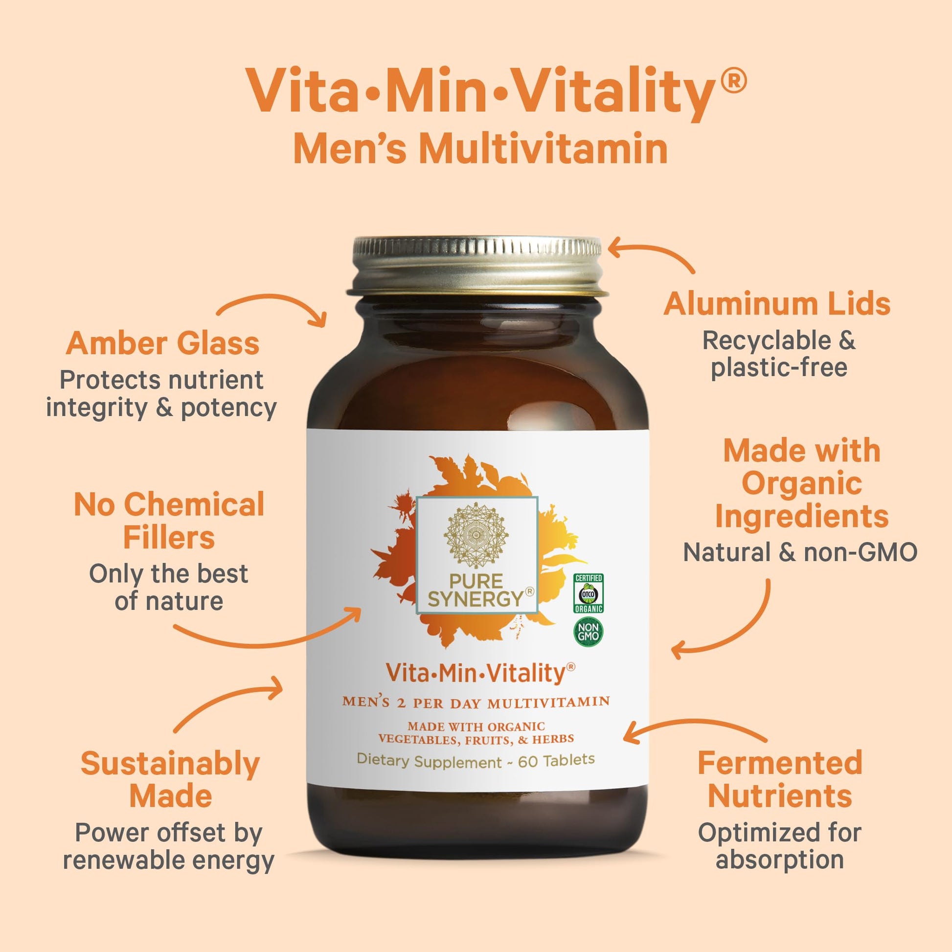 PURE SYNERGY Vita·Min·Vitality | Natural Multivitamin for Men | Men’s Daily Multivitamin Made with Organic Whole Foods | for Energy, Stress, and Immune Support (60 Tablets) - dailyvitalstore