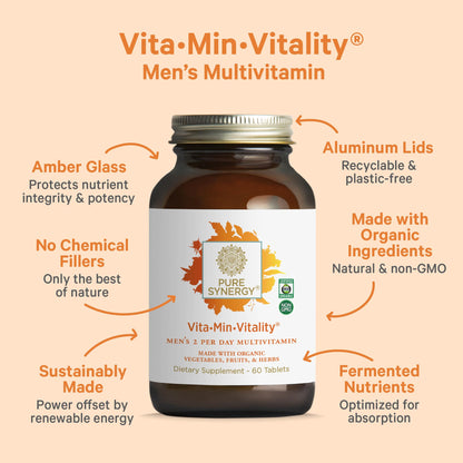 PURE SYNERGY Vita·Min·Vitality | Natural Multivitamin for Men | Men’s Daily Multivitamin Made with Organic Whole Foods | for Energy, Stress, and Immune Support (60 Tablets) - dailyvitalstore