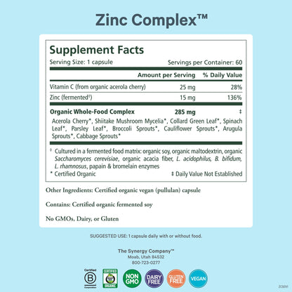 PURE SYNERGY Zinc Complex | Immune Support Supplement | Natural, Vegan Zinc Complex with Vitamin C and Organic Whole Foods | for Immune - dailyvitalstore