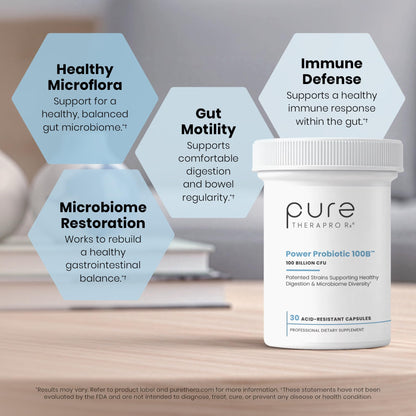 Pure Therapro Rx Power Probiotic 100B | 30 Acid Resistant Capsules - 1 Month Supply | 4 Proven Strains 100 Billion CFU | Flora Balance & Digestion - dailyvitalstore