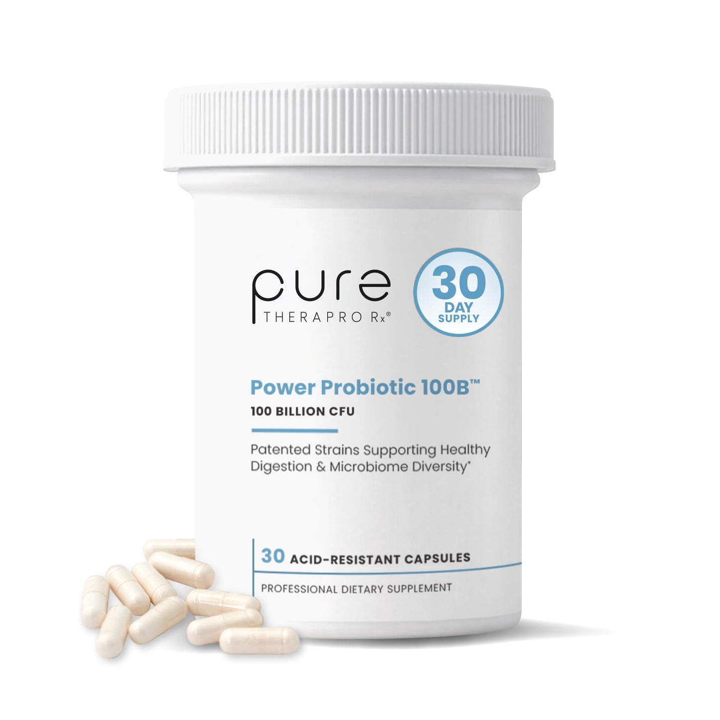 Pure Therapro Rx Power Probiotic 100B | 30 Acid Resistant Capsules - 1 Month Supply | 4 Proven Strains 100 Billion CFU | Flora Balance & Digestion - dailyvitalstore