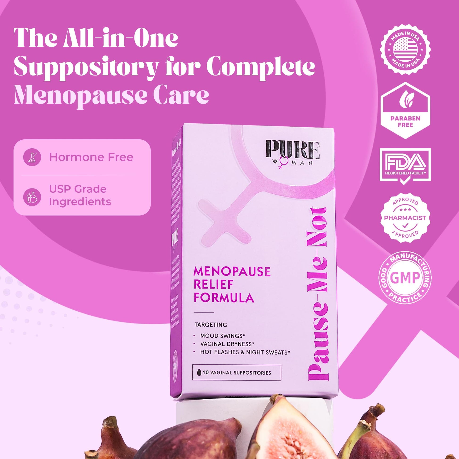 PURE WOMAN - Pause-Me-Not Suppositories - Menopausal Symptom Relief - Natural Ingredients - Relieves Hot Flashes & Vaginal Dryness - Promotes Stable Mood - Enhanced Vaginal Relief - 10 Pk - dailyvitalstore