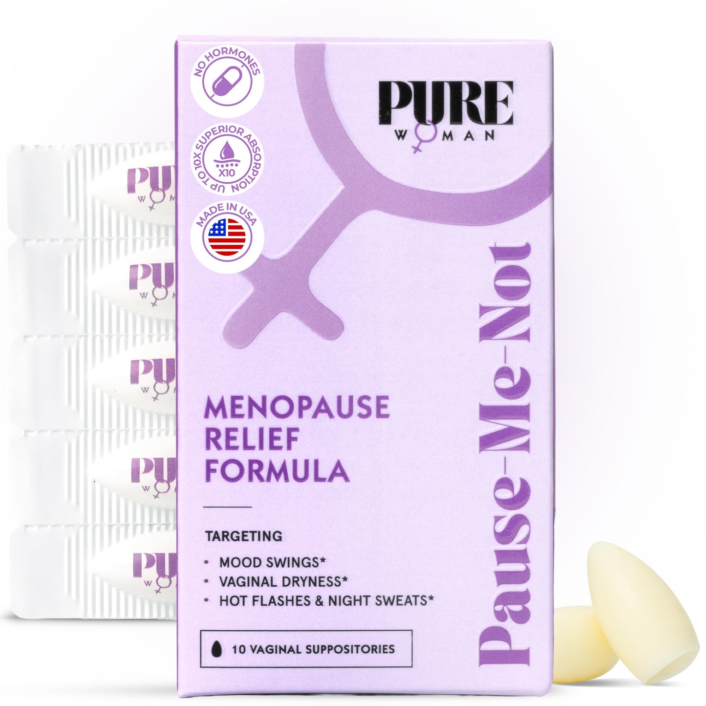 PURE WOMAN - Pause-Me-Not Suppositories - Menopausal Symptom Relief - Natural Ingredients - Relieves Hot Flashes & Vaginal Dryness - Promotes Stable Mood - Enhanced Vaginal Relief - 10 Pk - dailyvitalstore