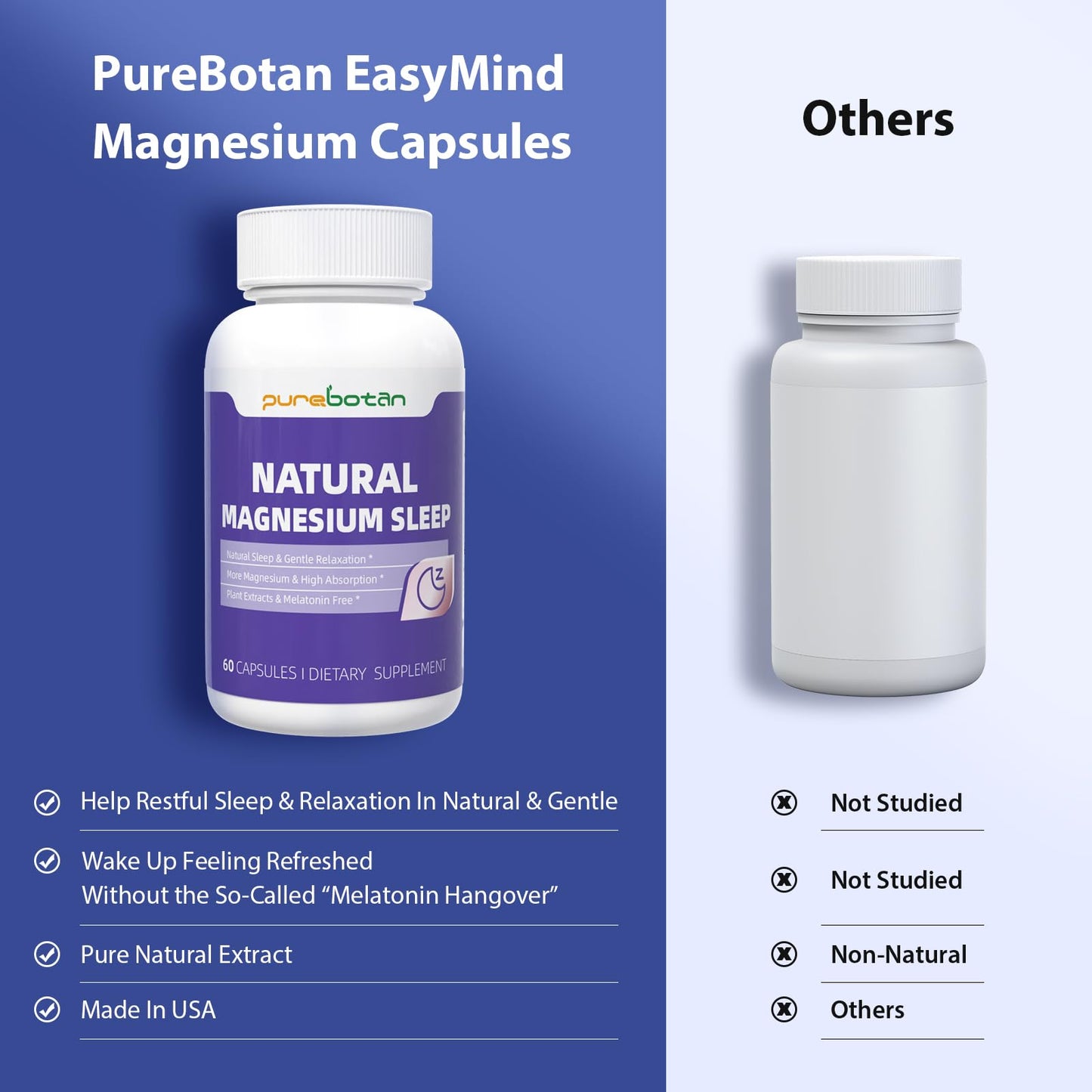 PureBotan Magnesium Oxide and Glycinate Extra Strength, Natural Sleep Aid Supplement EasyMind, High Absorption, Restful Sleep & Relaxation, Cortisol Lower, Natural-Gentle, Melatonin Free, 60 Capsules - dailyvitalstore