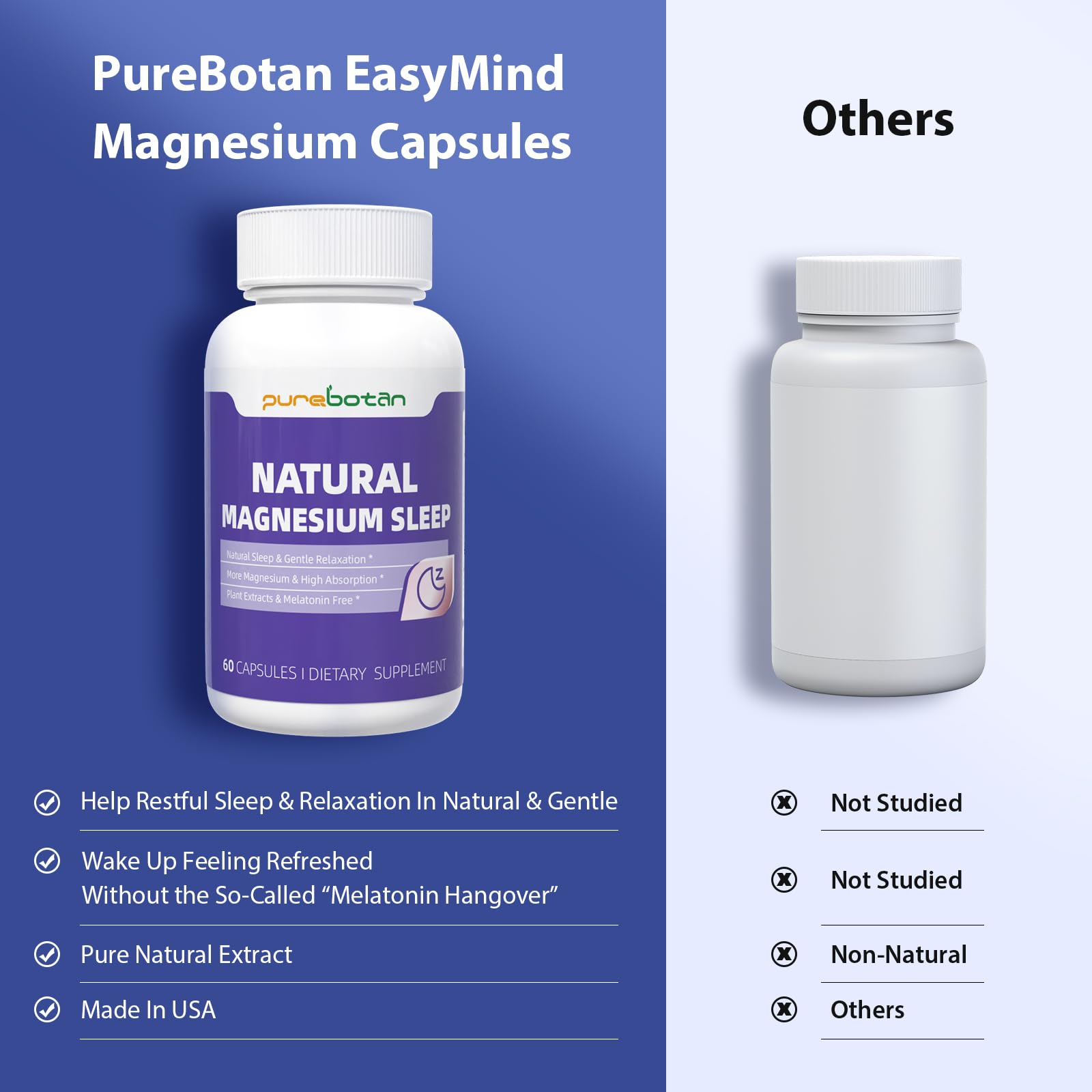 PureBotan Magnesium Oxide and Glycinate Extra Strength, Natural Sleep Aid Supplement EasyMind, High Absorption, Restful Sleep & Relaxation, Cortisol Lower, Natural-Gentle, Melatonin Free, 60 Capsules - dailyvitalstore