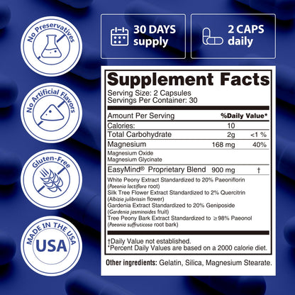 PureBotan Magnesium Oxide and Glycinate Extra Strength, Natural Sleep Aid Supplement EasyMind, High Absorption, Restful Sleep & Relaxation, Cortisol Lower, Natural-Gentle, Melatonin Free, 60 Capsules - dailyvitalstore