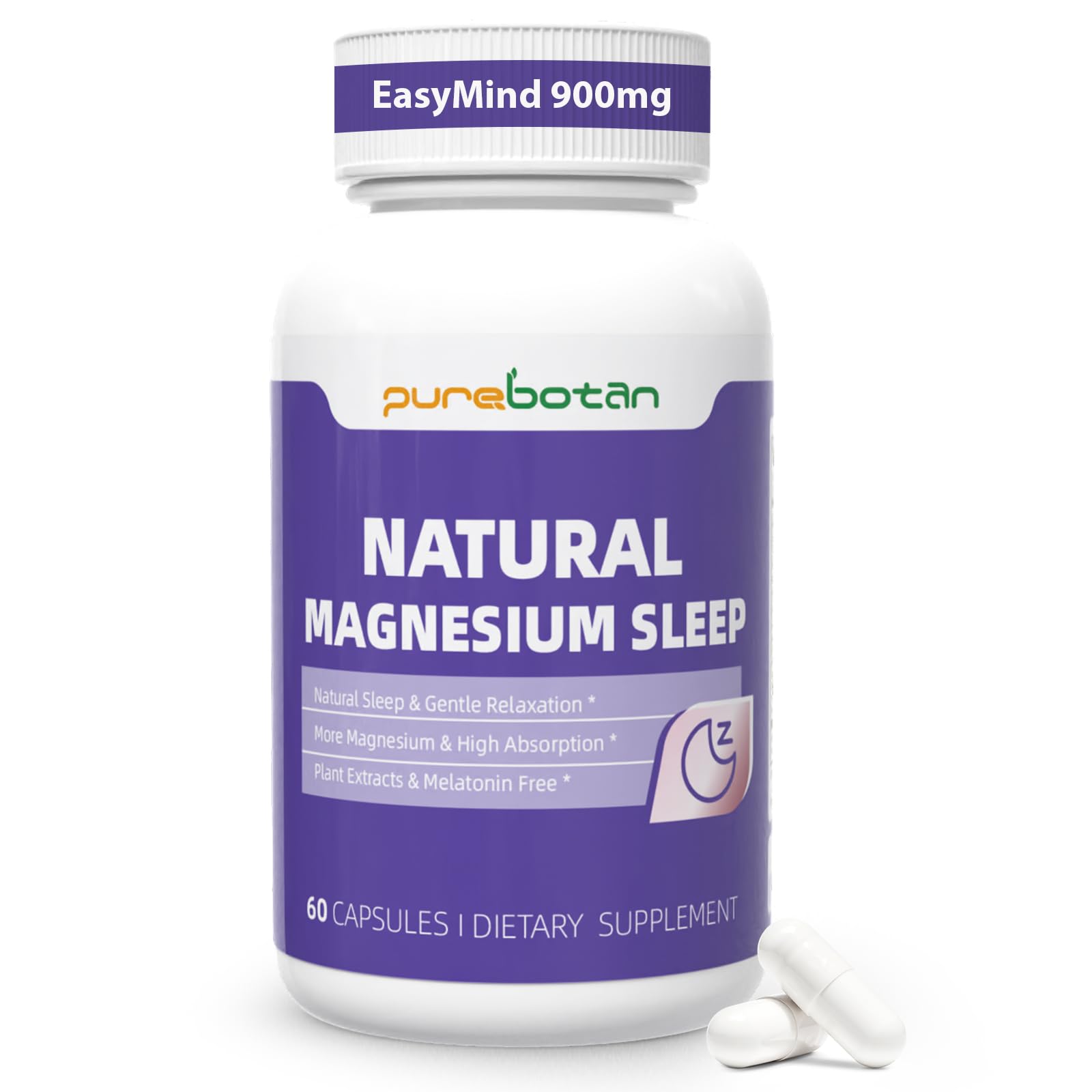 PureBotan Magnesium Oxide and Glycinate Extra Strength, Natural Sleep Aid Supplement EasyMind, High Absorption, Restful Sleep & Relaxation, Cortisol Lower, Natural-Gentle, Melatonin Free, 60 Capsules - dailyvitalstore