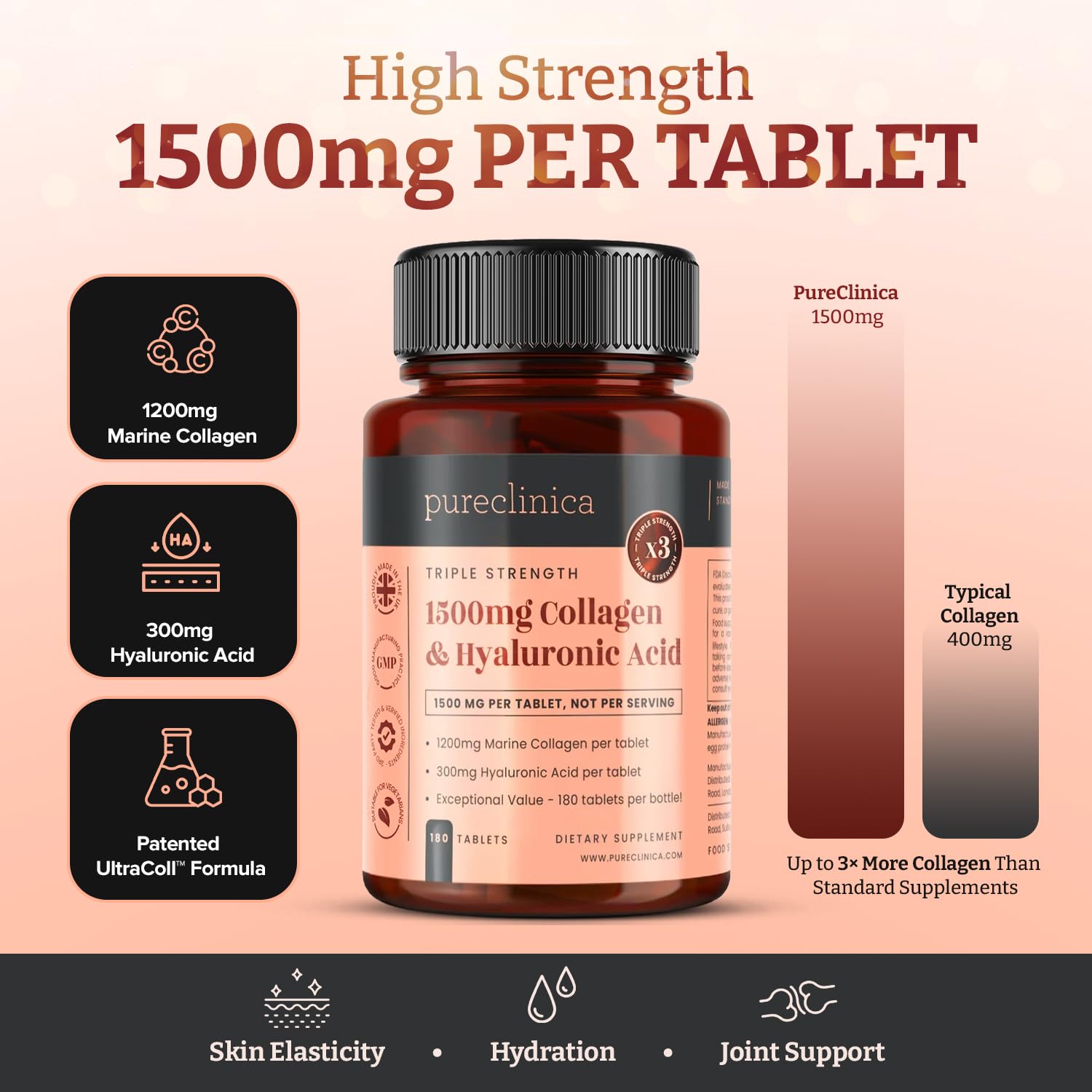 pureclinica 1500mg UltraColl Collagen (1200mg) and Hyaluronic Acid (300mg) x 180 Tablets - 6 Months Supply - dailyvitalstore