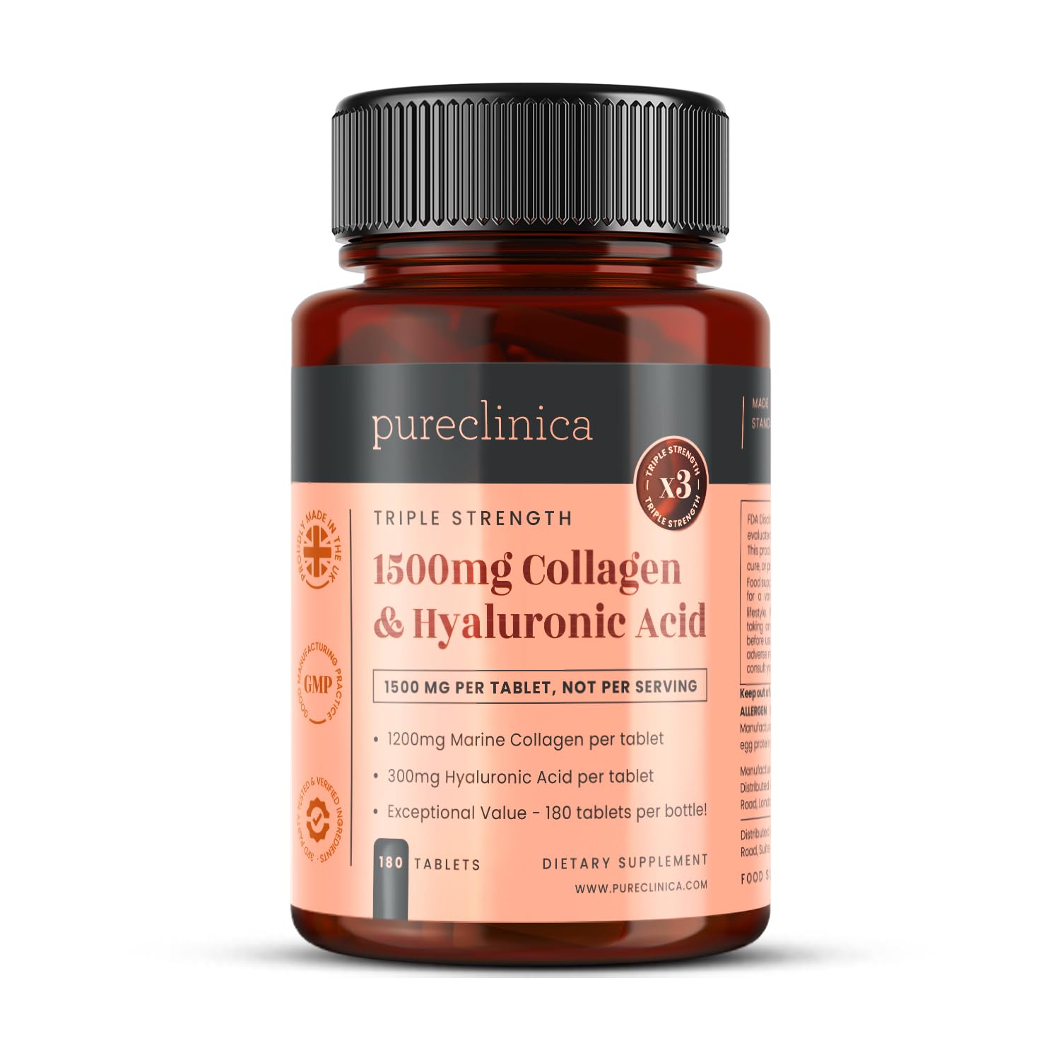 pureclinica 1500mg UltraColl Collagen (1200mg) and Hyaluronic Acid (300mg) x 180 Tablets - 6 Months Supply - dailyvitalstore