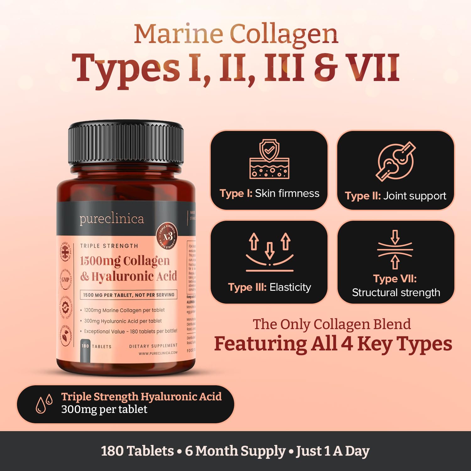 pureclinica 1500mg UltraColl Collagen (1200mg) and Hyaluronic Acid (300mg) x 180 Tablets - 6 Months Supply - dailyvitalstore