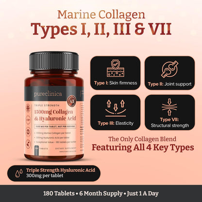 pureclinica 1500mg UltraColl Collagen (1200mg) and Hyaluronic Acid (300mg) x 180 Tablets - 6 Months Supply - dailyvitalstore