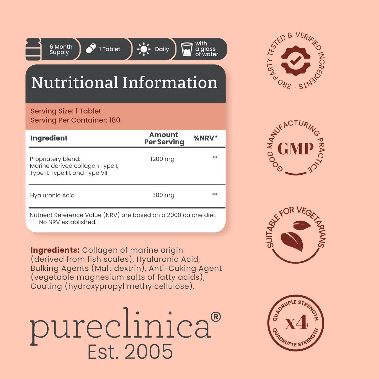pureclinica 1500mg UltraColl Collagen (1200mg) and Hyaluronic Acid (300mg) x 180 Tablets - 6 Months Supply - dailyvitalstore