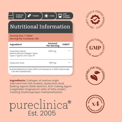 pureclinica 1500mg UltraColl Collagen (1200mg) and Hyaluronic Acid (300mg) x 180 Tablets - 6 Months Supply - dailyvitalstore