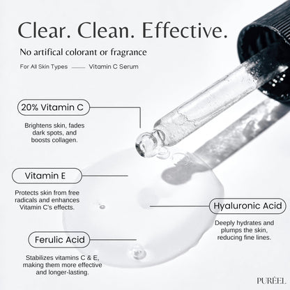 Puréel 20% Vitamin C Serum for Face – Brightening Serum with Vitamin E & Ferulic Acid – Anti-Aging, Dark Spot Remover, Even Skin Tone, Wrinkle Reduction & Radiant Glow – 1 fl oz - dailyvitalstore