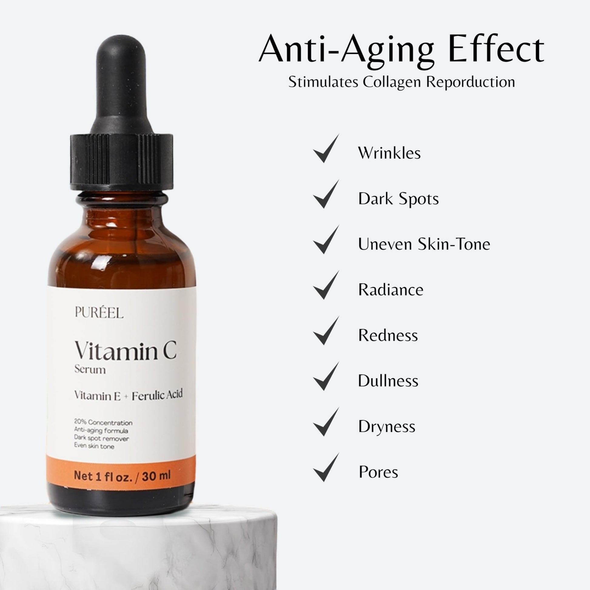 Puréel 20% Vitamin C Serum for Face – Brightening Serum with Vitamin E & Ferulic Acid – Anti-Aging, Dark Spot Remover, Even Skin Tone, Wrinkle Reduction & Radiant Glow – 1 fl oz - dailyvitalstore