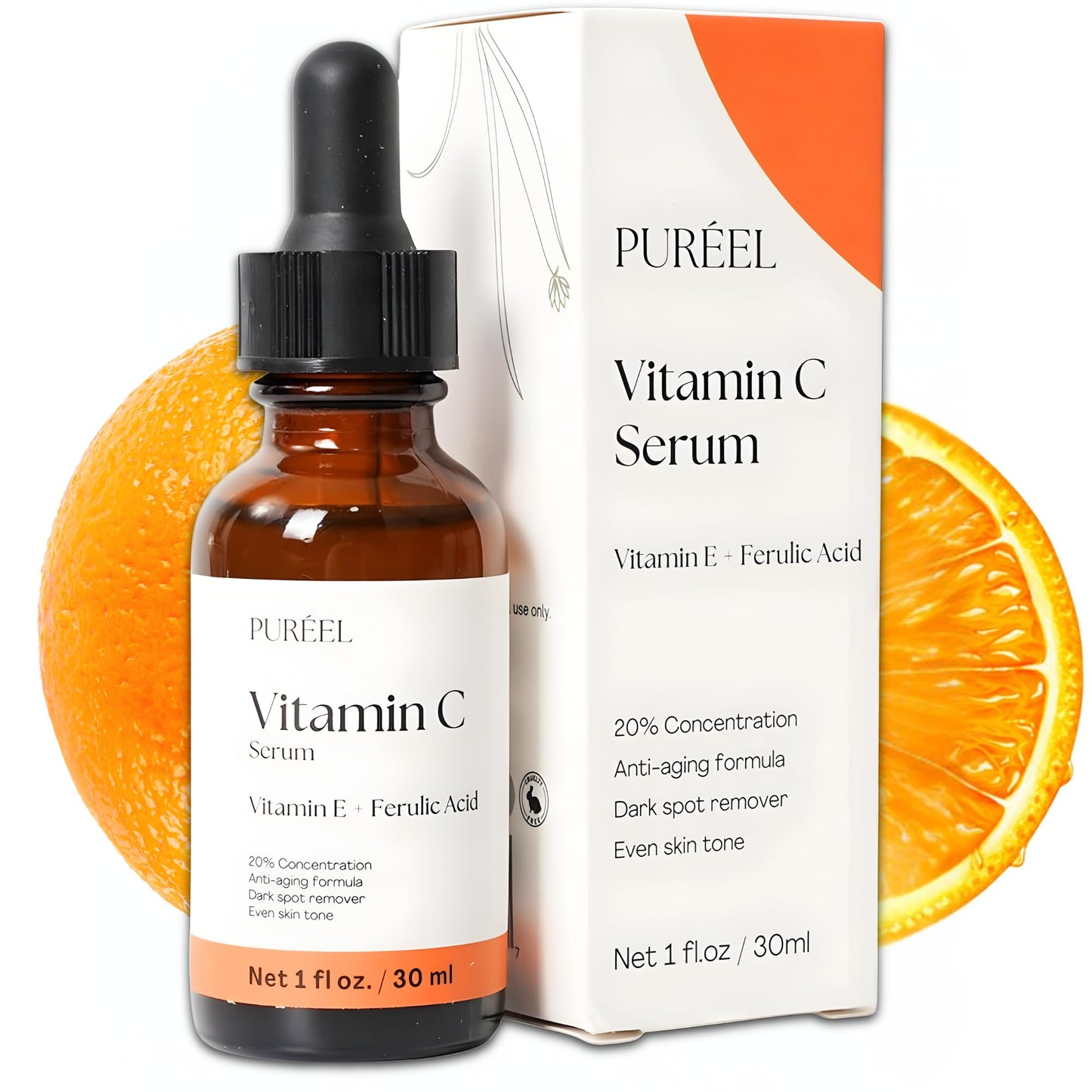 Puréel 20% Vitamin C Serum for Face – Brightening Serum with Vitamin E & Ferulic Acid – Anti-Aging, Dark Spot Remover, Even Skin Tone, Wrinkle Reduction & Radiant Glow – 1 fl oz - dailyvitalstore