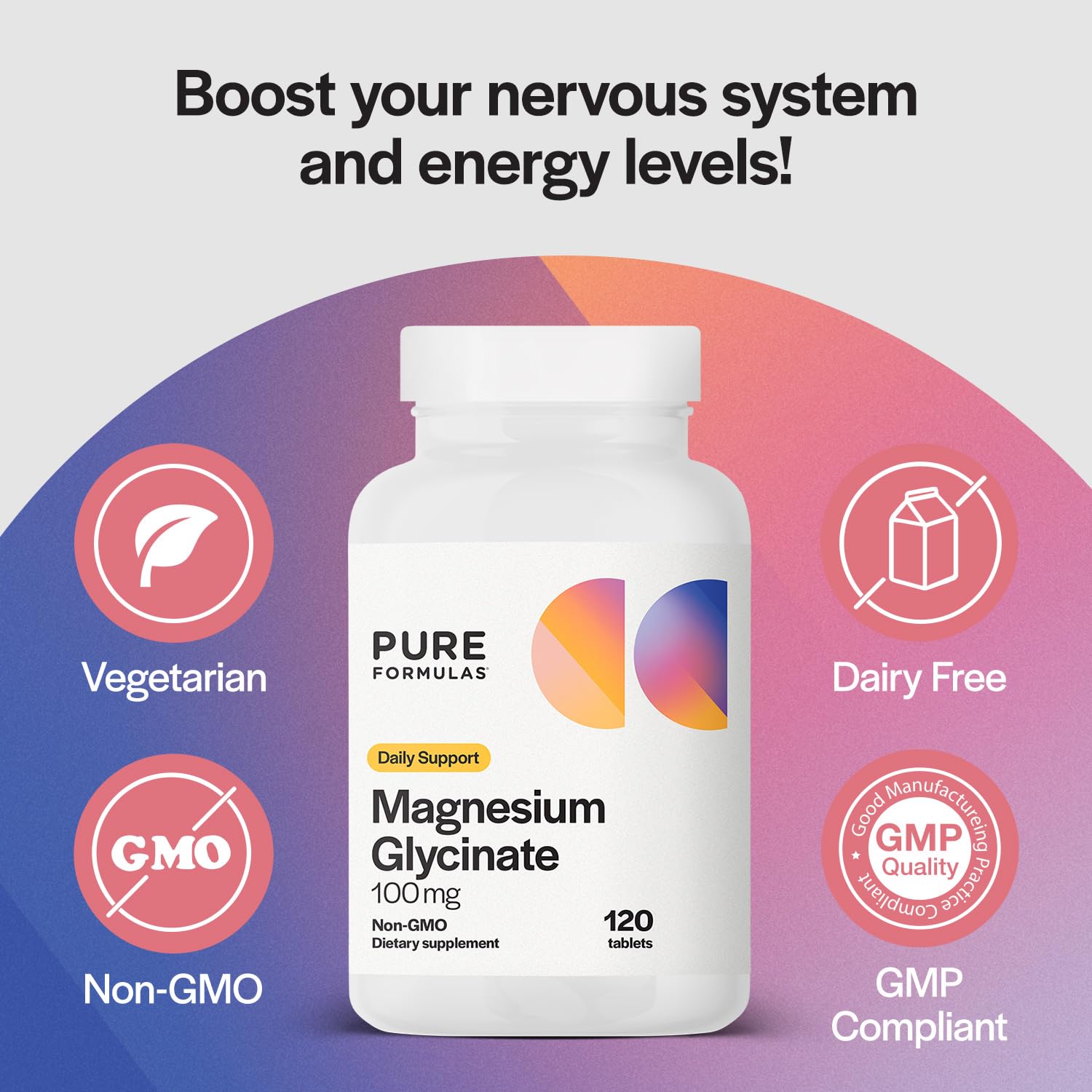 PureFormulas Magnesium Glycinate 100 mg Daily Support for Stress, Nerves, Sleep, Muscles, Metabolism Pure Magnesium Glycinate Supplement for Women and Men Magnesio Non-GMO 120 Tablets - dailyvitalstore
