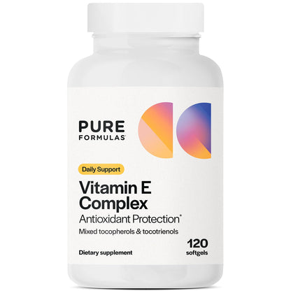 PureFormulas Vitamin E Complex, Full-Spectrum Vitamin E for Cardiovascular and Immune Support, Gamma-tocopherol Rich Antioxidant, Gluten-Free & Kosher, 120 Softgels for Antioxidant Protection - dailyvitalstore