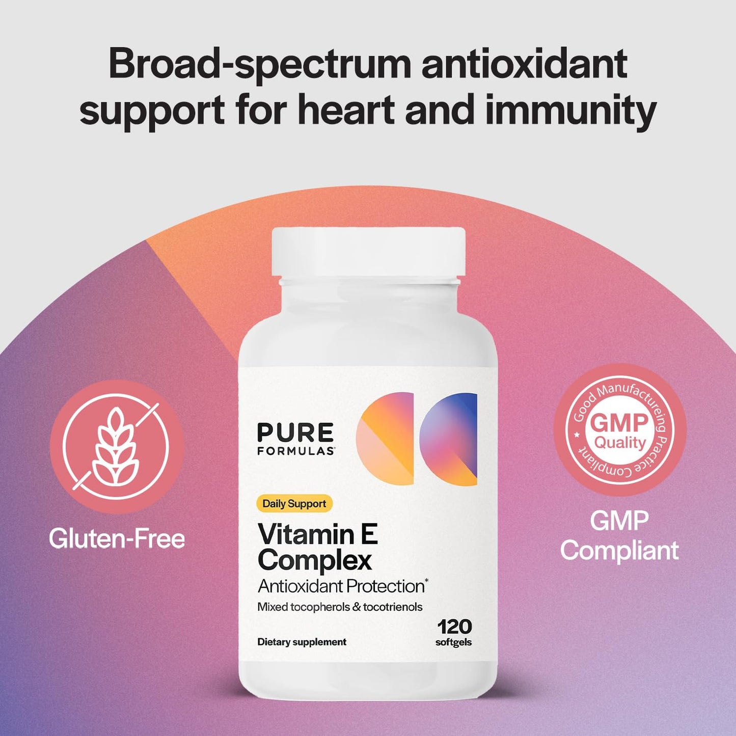 PureFormulas Vitamin E Complex, Full-Spectrum Vitamin E for Cardiovascular and Immune Support, Gamma-tocopherol Rich Antioxidant, Gluten-Free & Kosher, 120 Softgels for Antioxidant Protection - dailyvitalstore