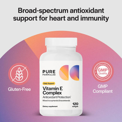 PureFormulas Vitamin E Complex, Full-Spectrum Vitamin E for Cardiovascular and Immune Support, Gamma-tocopherol Rich Antioxidant, Gluten-Free & Kosher, 120 Softgels for Antioxidant Protection - dailyvitalstore