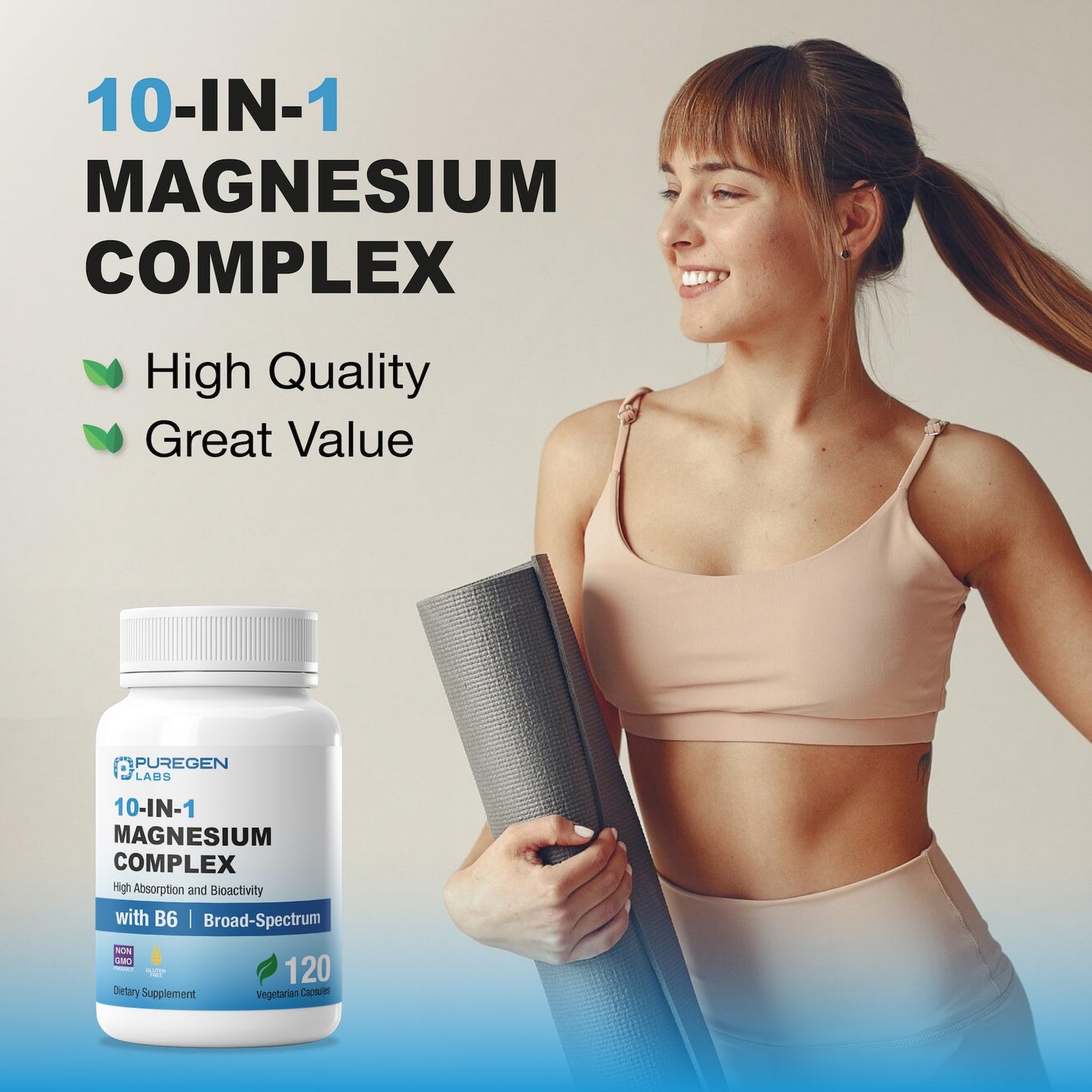 Puregen Labs 10 in 1 Magnesium Complex 500mg with B6-120 Veggie Capsules [High Absorption and Bioactivity] Non-GMO, NO Gluten and Dairy - dailyvitalstore