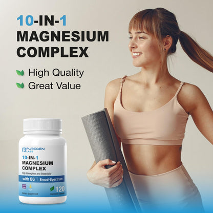 Puregen Labs 10 in 1 Magnesium Complex 500mg with B6-120 Veggie Capsules [High Absorption and Bioactivity] Non-GMO, NO Gluten and Dairy - dailyvitalstore