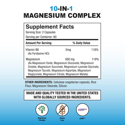 Puregen Labs 10 in 1 Magnesium Complex 500mg with B6-120 Veggie Capsules [High Absorption and Bioactivity] Non-GMO, NO Gluten and Dairy - dailyvitalstore
