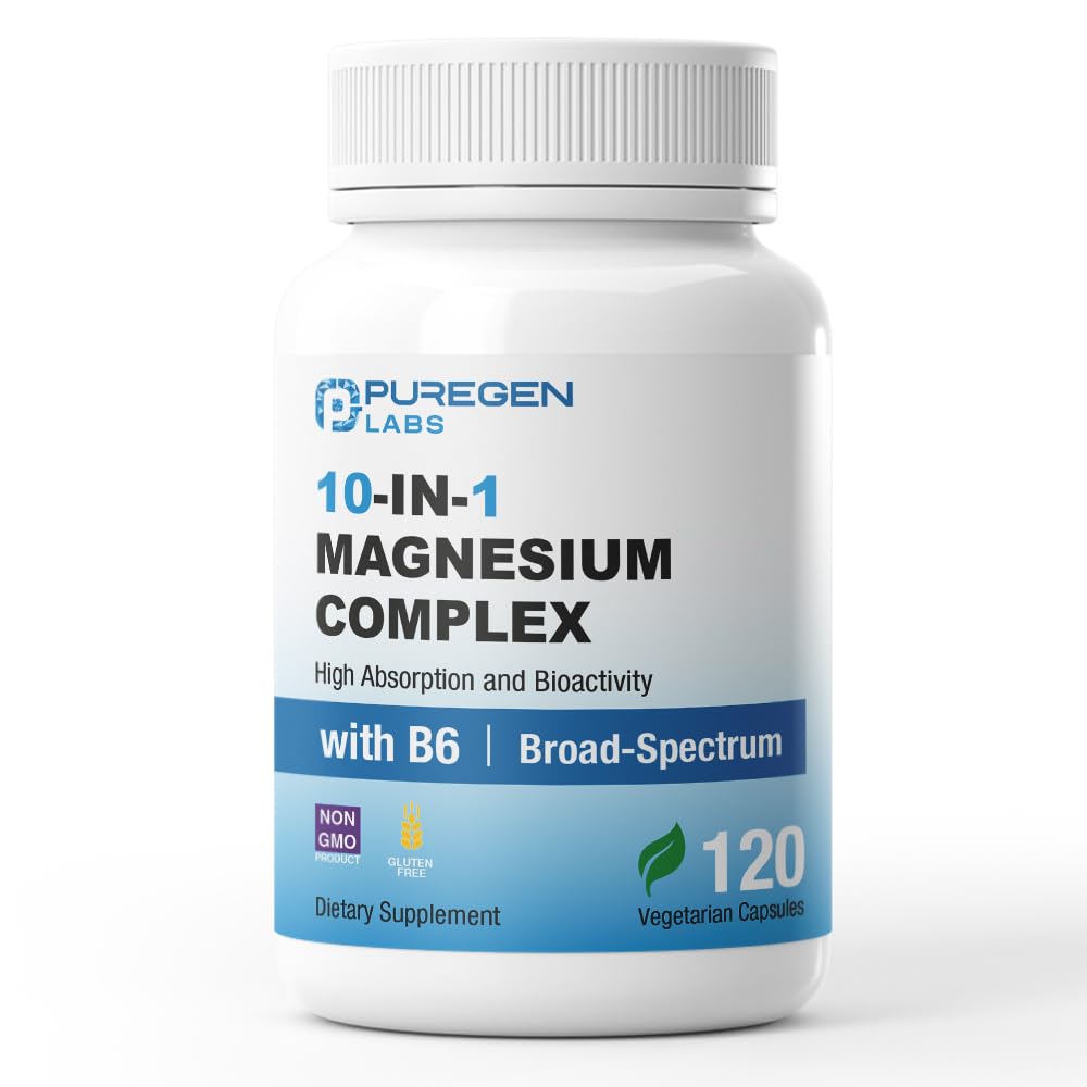 Puregen Labs 10 in 1 Magnesium Complex 500mg with B6-120 Veggie Capsules [High Absorption and Bioactivity] Non-GMO, NO Gluten and Dairy - dailyvitalstore