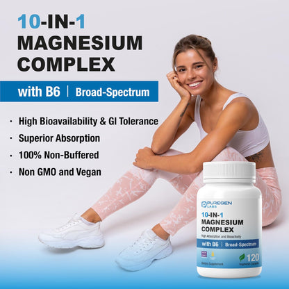 Puregen Labs 10 in 1 Magnesium Complex 500mg with B6-120 Veggie Capsules [High Absorption and Bioactivity] Non-GMO, NO Gluten and Dairy - dailyvitalstore