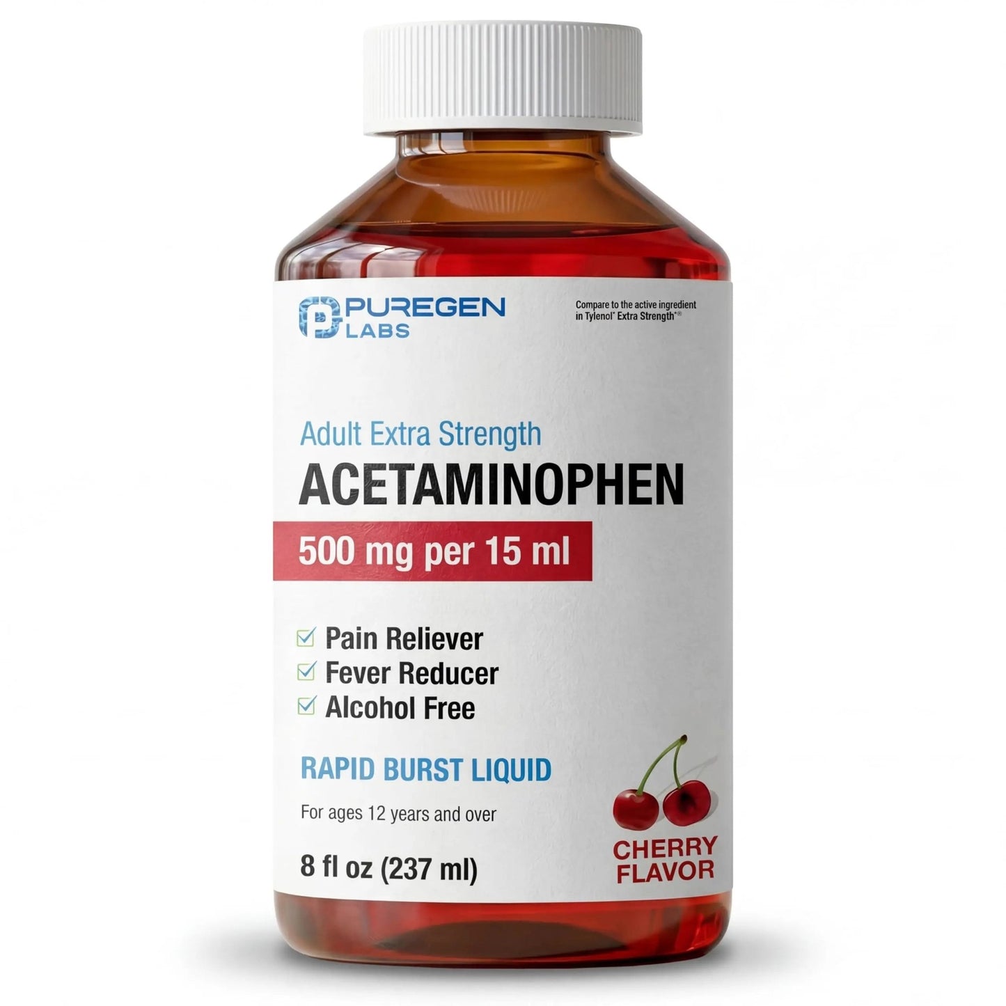 Puregen Labs Adult Extra Strength Acetaminophen Liquid 500mg/15ml - 8 fl oz Rapid Burst Pain Reliever/Fever Reducer, Cherry Flavor | Muscle & Joint Pain Relief | Arthritis Pain Relief - dailyvitalstore