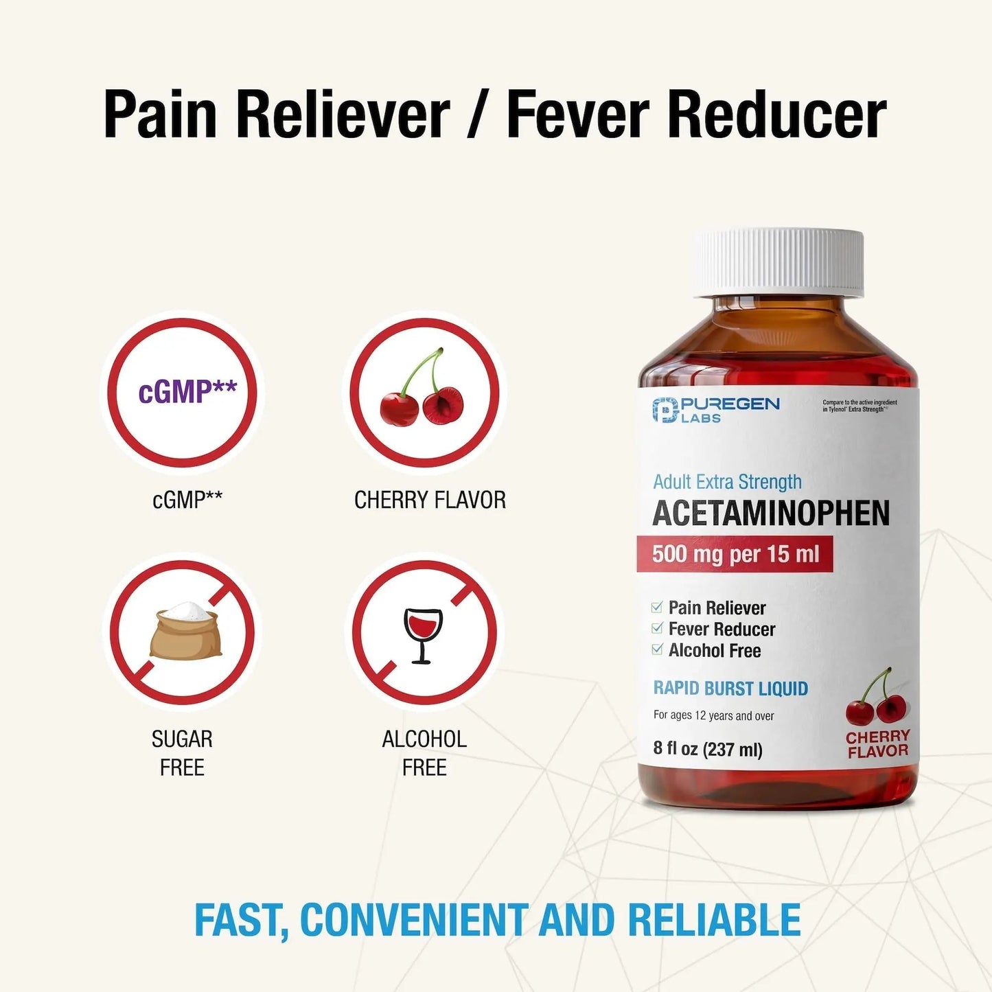 Puregen Labs Adult Extra Strength Acetaminophen Liquid 500mg/15ml - 8 fl oz Rapid Burst Pain Reliever/Fever Reducer, Cherry Flavor | Muscle & Joint Pain Relief | Arthritis Pain Relief - dailyvitalstore