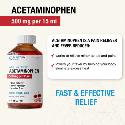 Puregen Labs Adult Extra Strength Acetaminophen Liquid 500mg/15ml - 8 fl oz Rapid Burst Pain Reliever/Fever Reducer, Cherry Flavor | Muscle & Joint Pain Relief | Arthritis Pain Relief - dailyvitalstore