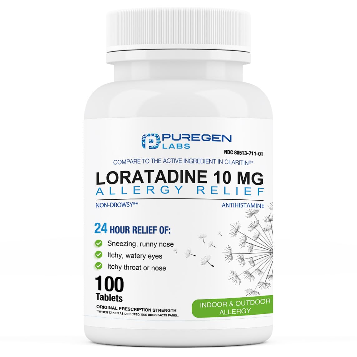 Puregen Labs Allergy Relief, Loratadine 10mg, 100 Tablets – 24 Hour Non-Drowsy Antihistamine Allergy Medicine for Runny Nose, Sneezing, Itchy, Watery Eyes - dailyvitalstore