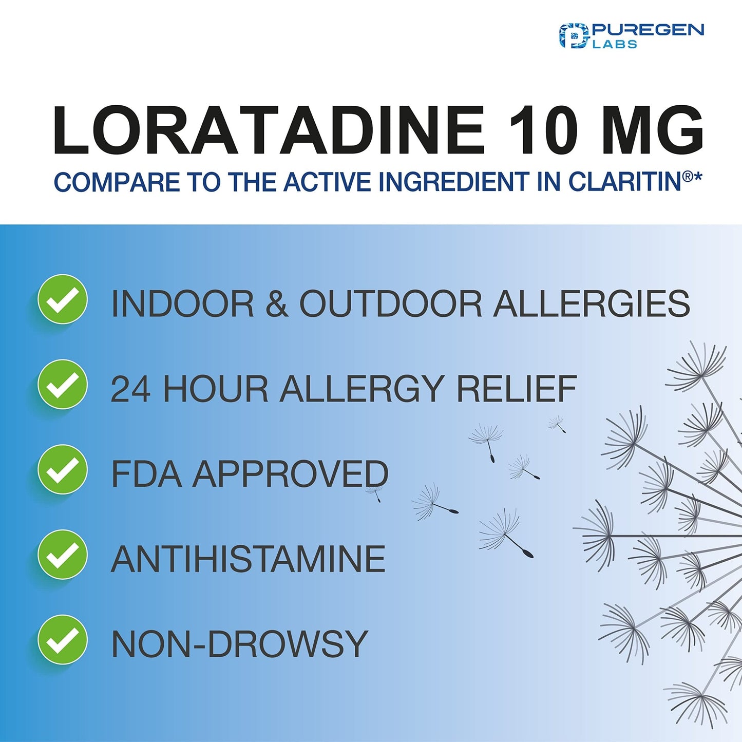Puregen Labs Allergy Relief, Loratadine 10mg, 100 Tablets – 24 Hour Non-Drowsy Antihistamine Allergy Medicine for Runny Nose, Sneezing, Itchy, Watery Eyes - dailyvitalstore