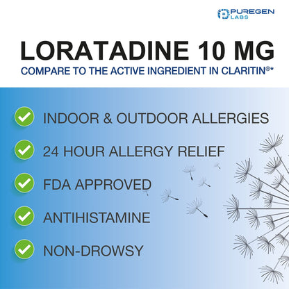 Puregen Labs Allergy Relief, Loratadine 10mg, 100 Tablets – 24 Hour Non-Drowsy Antihistamine Allergy Medicine for Runny Nose, Sneezing, Itchy, Watery Eyes - dailyvitalstore