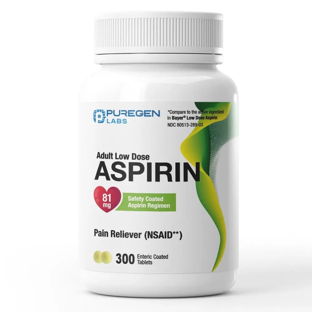 Puregen Labs Aspirin 81 mg Low Dose (NSAID) – 300 Enteric Coated Tablets - dailyvitalstore