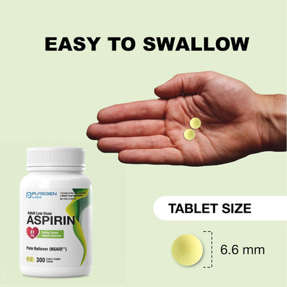 Puregen Labs Aspirin 81 mg Low Dose (NSAID) – 300 Enteric Coated Tablets - dailyvitalstore