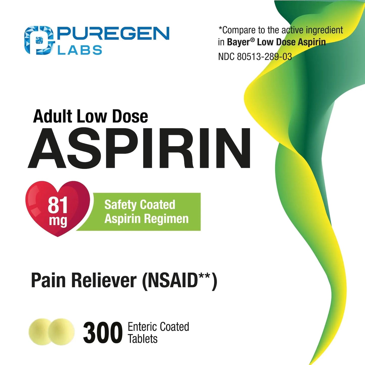 Puregen Labs Aspirin 81 mg Low Dose (NSAID) – 300 Enteric Coated Tablets - dailyvitalstore
